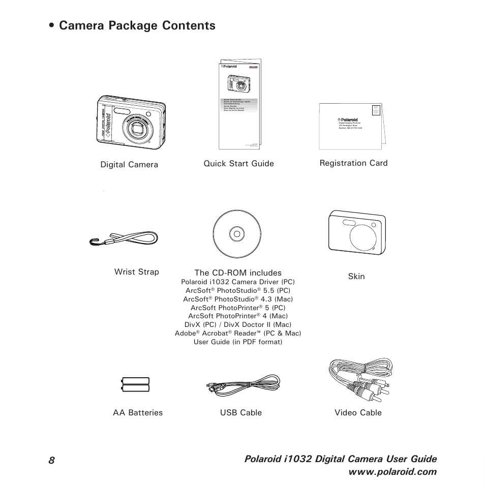 Camera package contents, Registration card the cd-rom includes, Skin | Polaroid i1032 User Manual | Page 8 / 112
