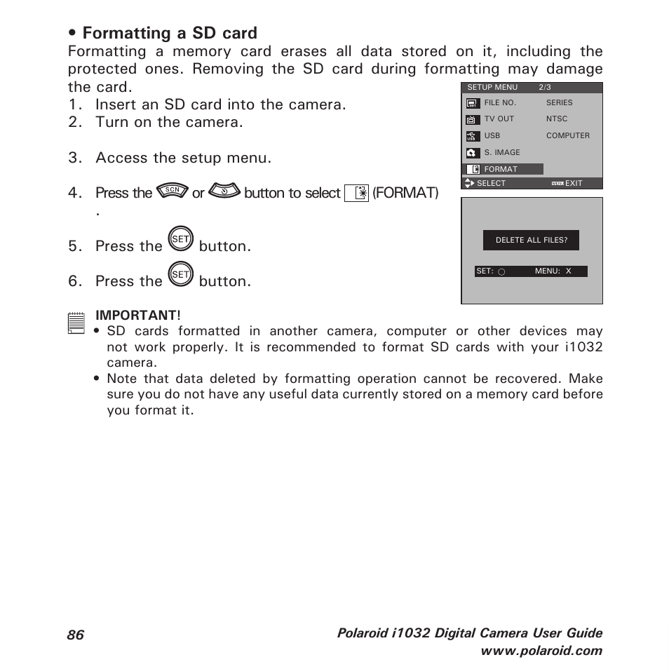 Formatting a sd card | Polaroid i1032 User Manual | Page 86 / 112