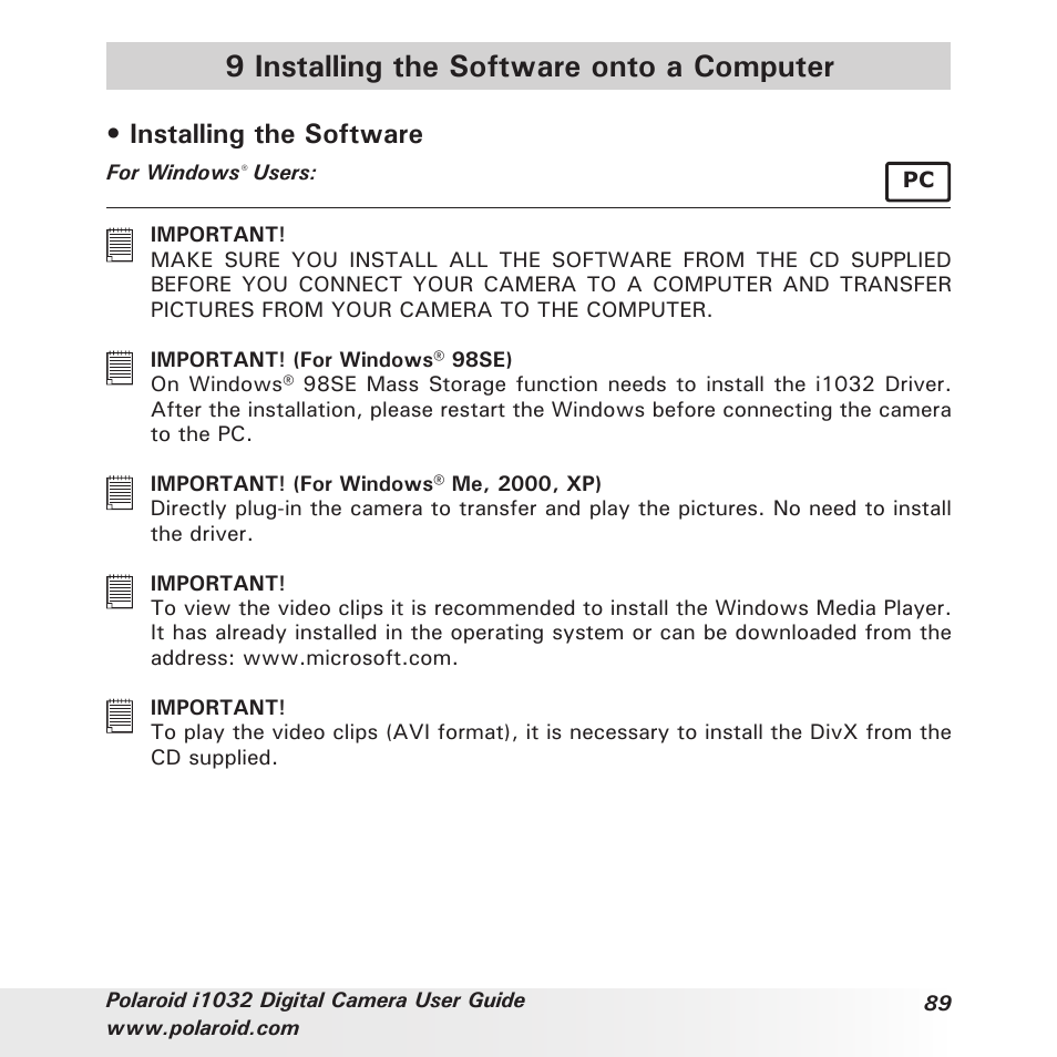 9 installing the software onto a computer, Installing the software | Polaroid i1032 User Manual | Page 89 / 112