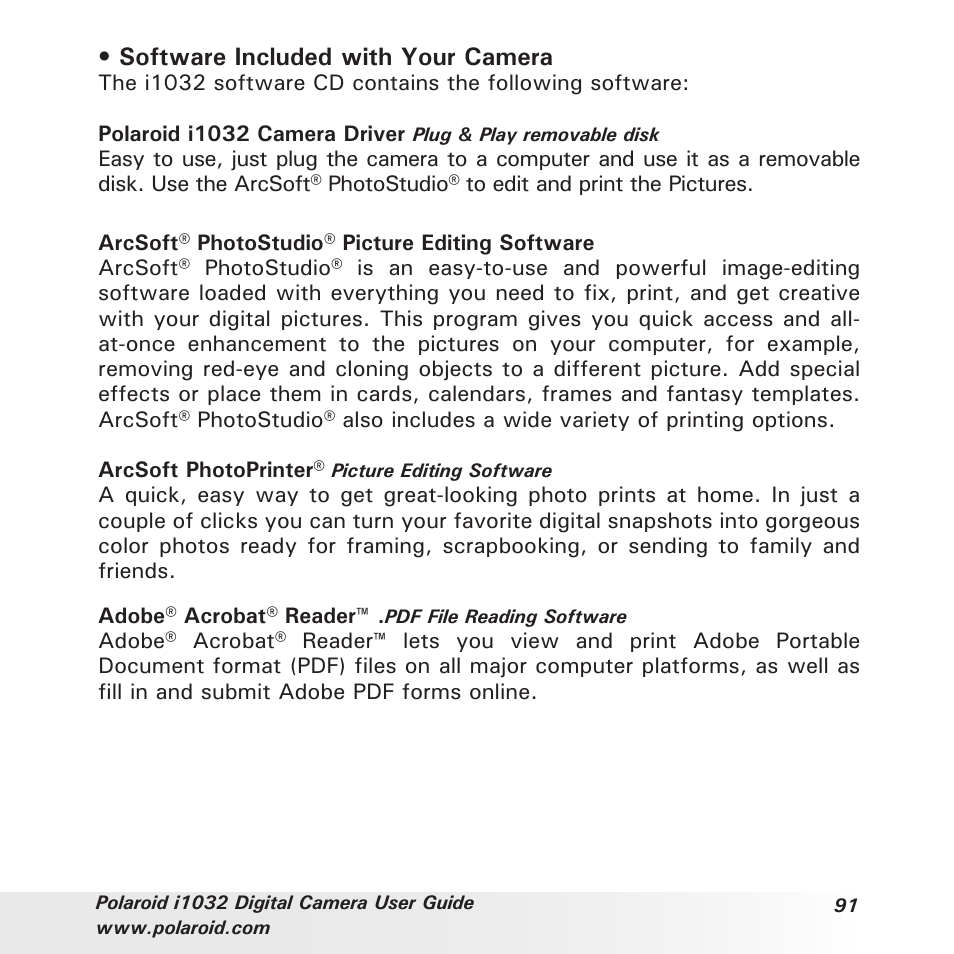 Software included with your camera | Polaroid i1032 User Manual | Page 91 / 112