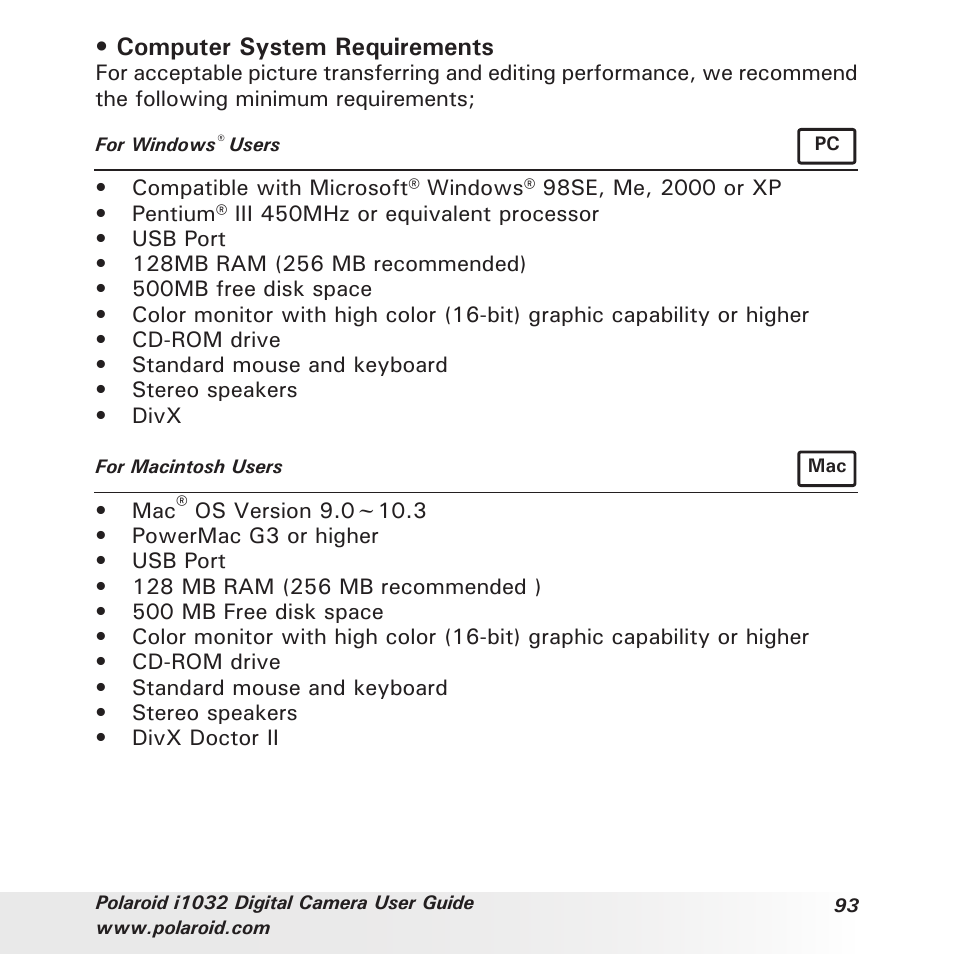 Computer system requirements | Polaroid i1032 User Manual | Page 93 / 112