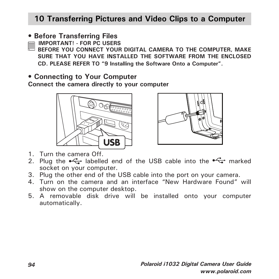 Before transferring files, Connecting to your computer | Polaroid i1032 User Manual | Page 94 / 112