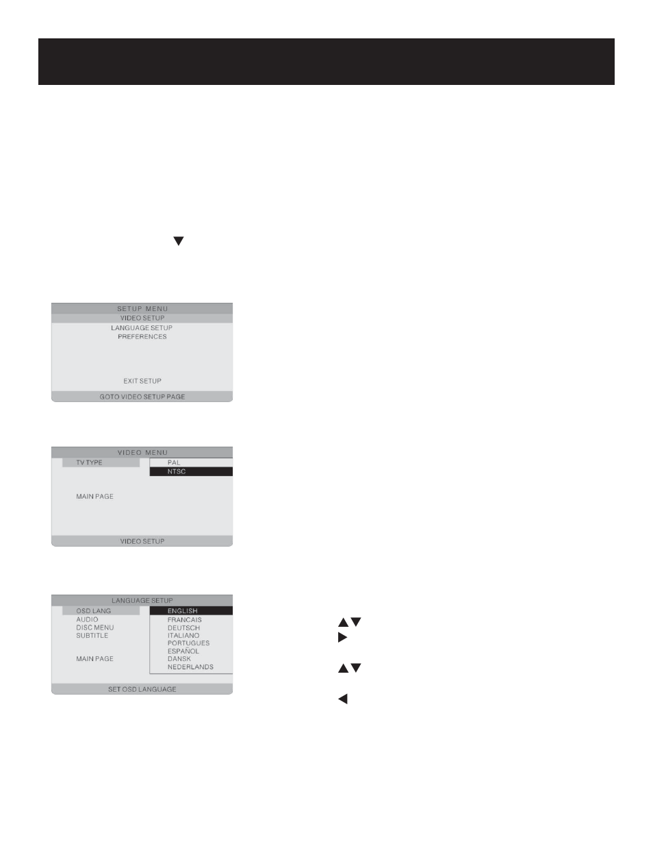 System setup, Language setup video setup | Polaroid PDU-0832 User Manual | Page 24 / 31