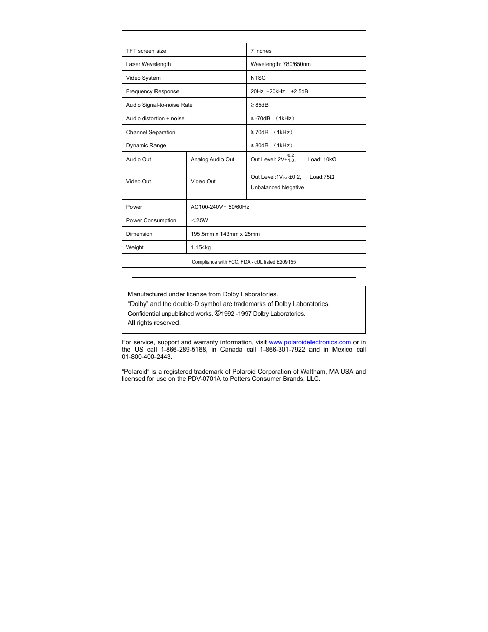Specifications | Polaroid PDV-0701A User Manual | Page 27 / 27