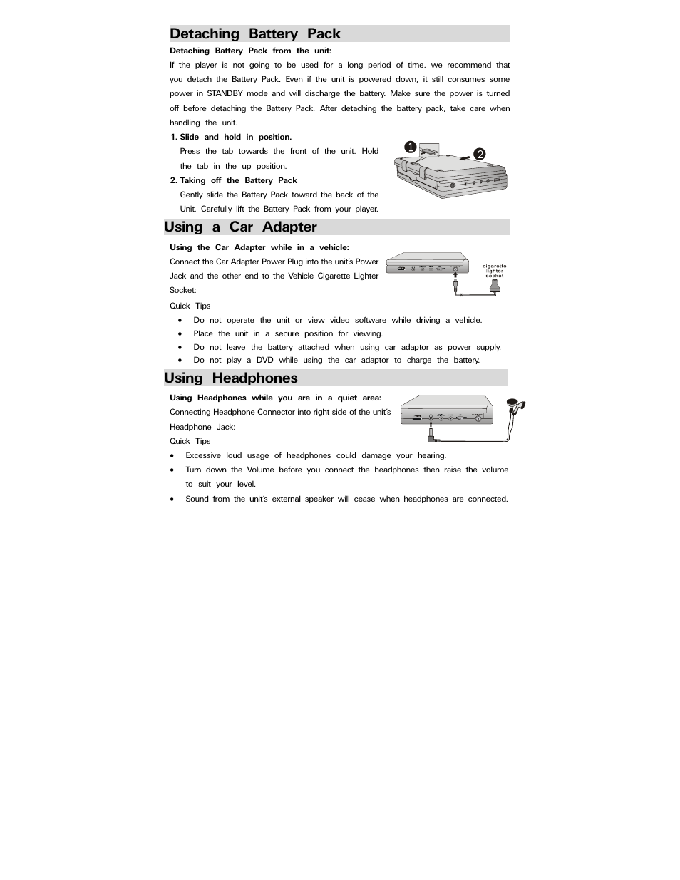 Detaching battery pack, Using a car adapter, Using headphones | Polaroid PDV-0800 User Manual | Page 16 / 30