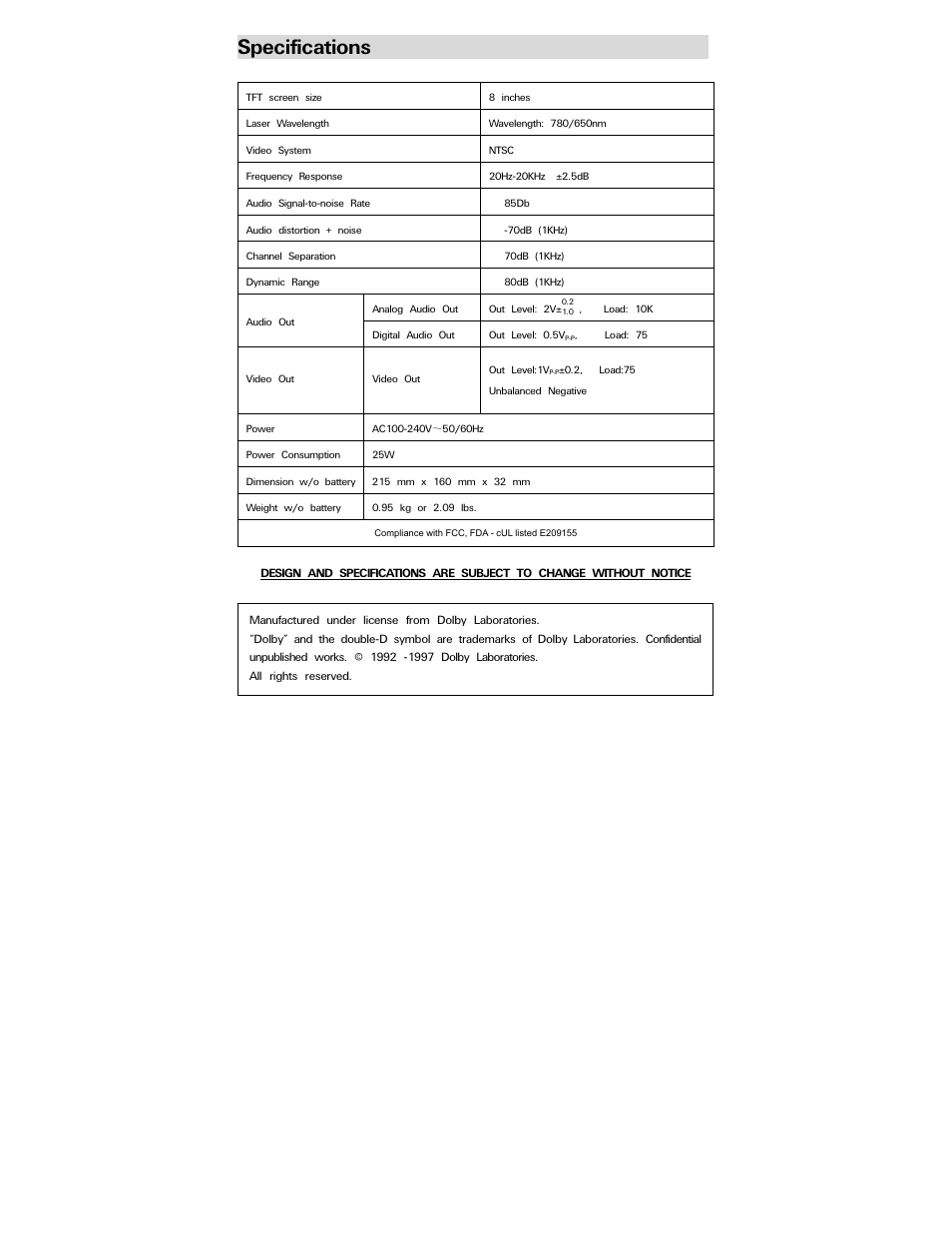 Specifications | Polaroid PDV-0800 User Manual | Page 28 / 30