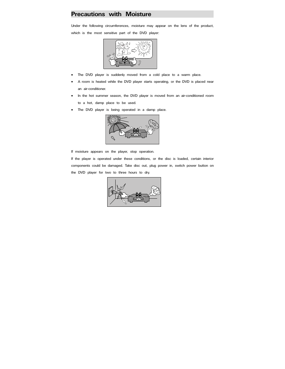 Precautions with moisture | Polaroid PDV-0800 User Manual | Page 4 / 30