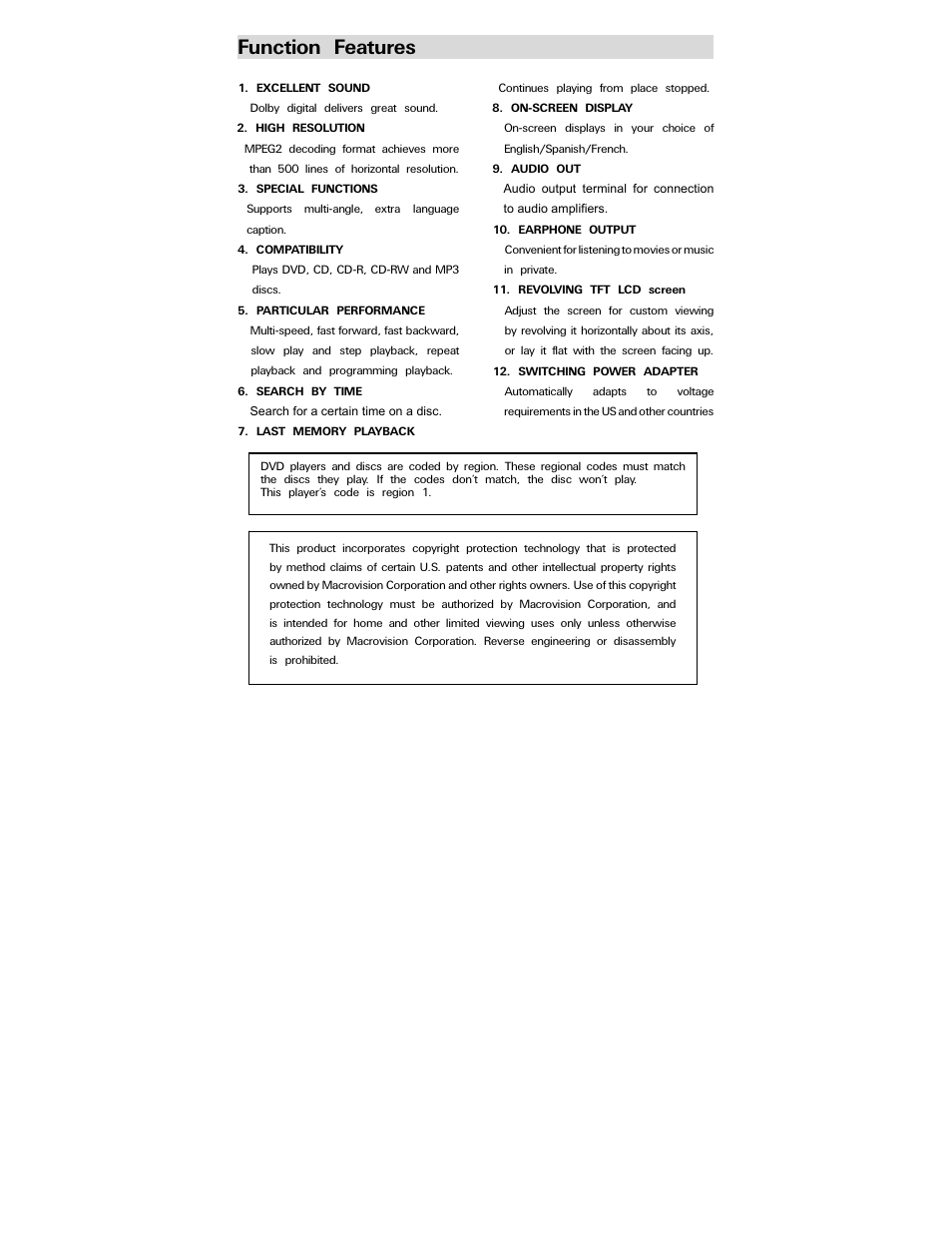 Function features | Polaroid PDV-0800 User Manual | Page 5 / 30