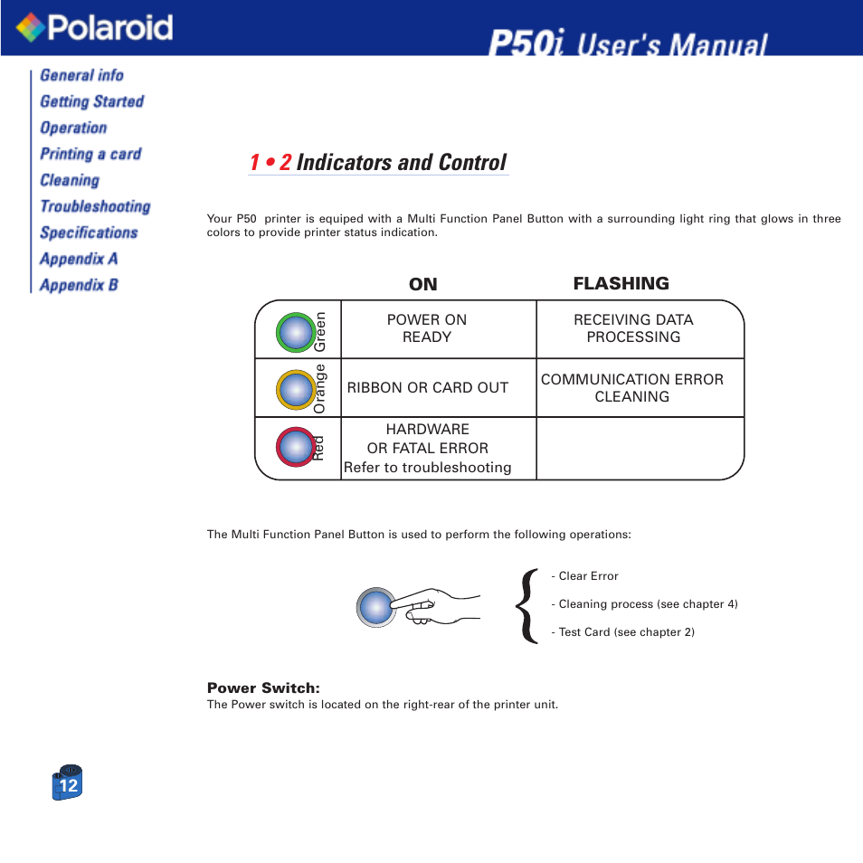 1 • 2 indicators and control | Polaroid Printer P50i User Manual | Page 12 / 42