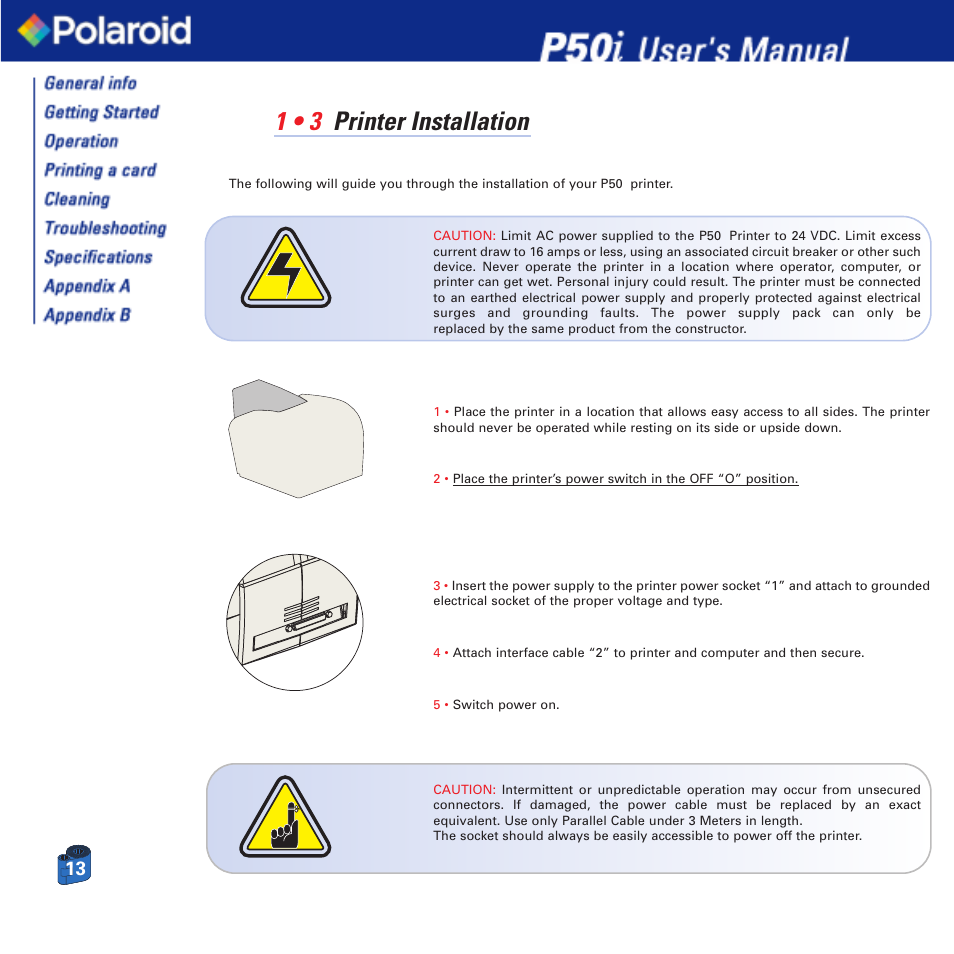 1 • 3 printer installation | Polaroid Printer P50i User Manual | Page 13 / 42