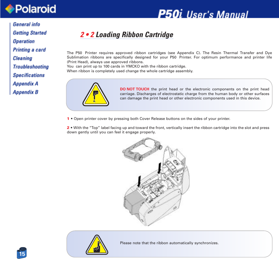 2 • 2 loading ribbon cartridge | Polaroid Printer P50i User Manual | Page 15 / 42