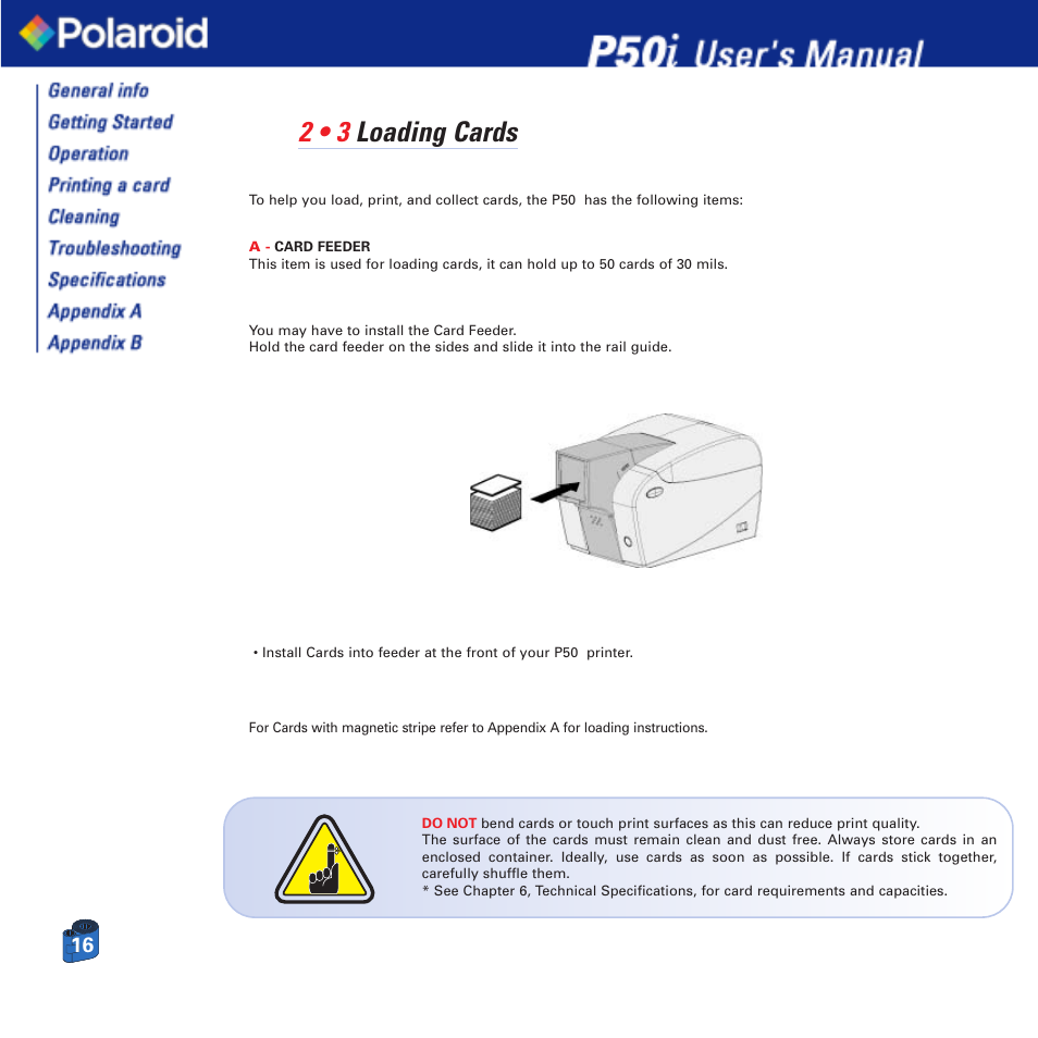 2 • 3 loading cards | Polaroid Printer P50i User Manual | Page 16 / 42