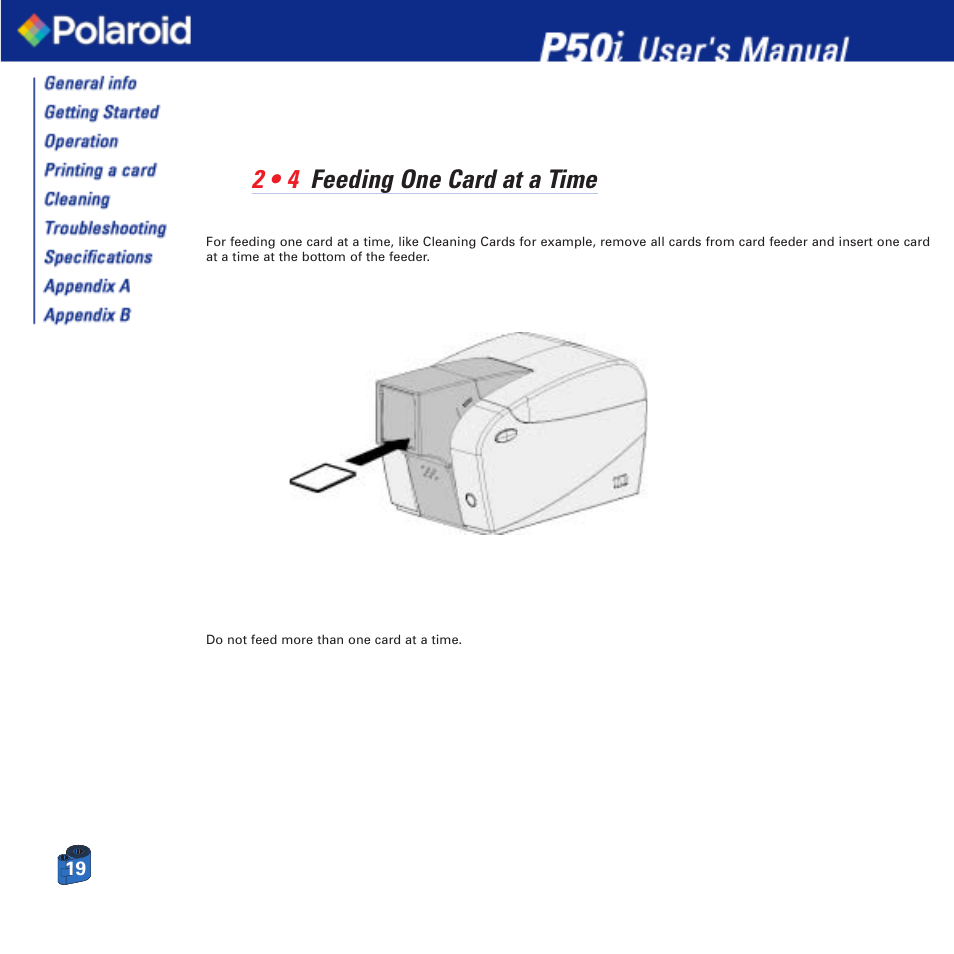 2 • 4 feeding one card at a time | Polaroid Printer P50i User Manual | Page 19 / 42