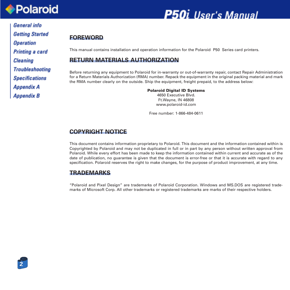 2foreword, Return materials authorization, Copyright notice | Trademarks | Polaroid Printer P50i User Manual | Page 2 / 42
