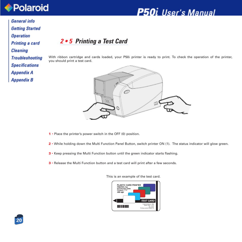 2 • 5 printing a test card | Polaroid Printer P50i User Manual | Page 20 / 42