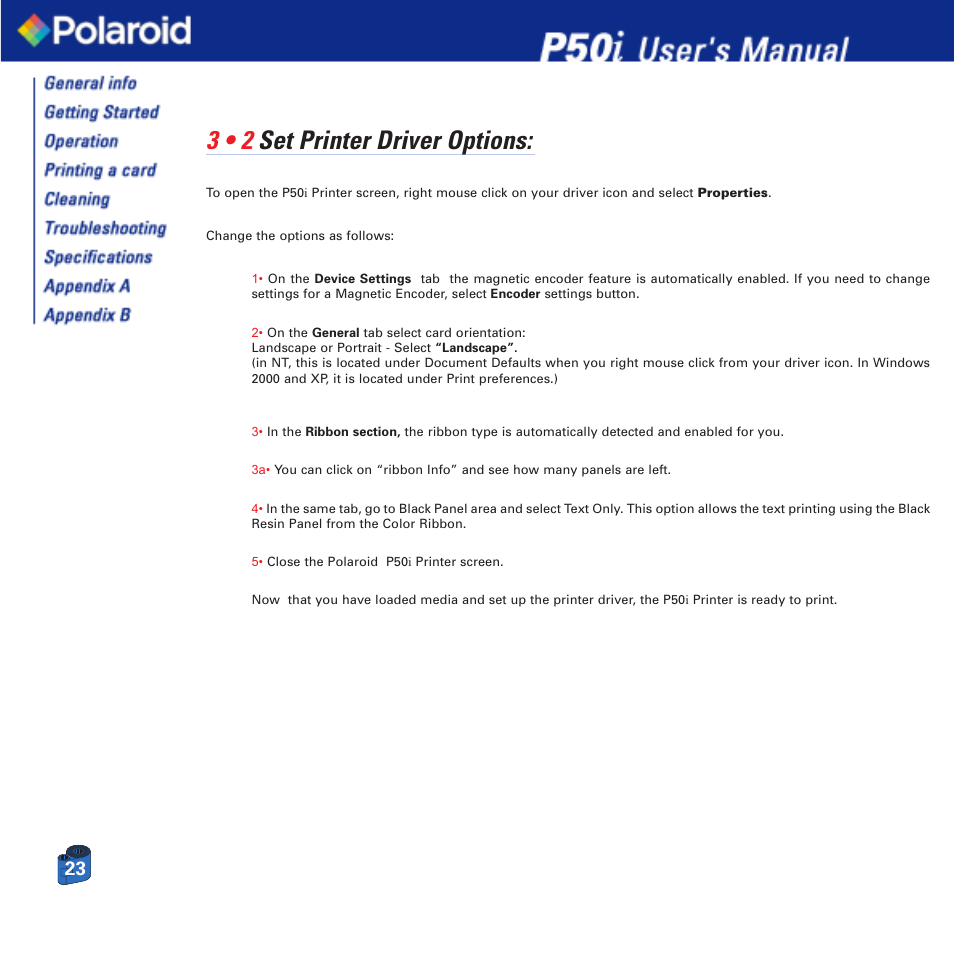 3 • 2 set printer driver options | Polaroid Printer P50i User Manual | Page 23 / 42