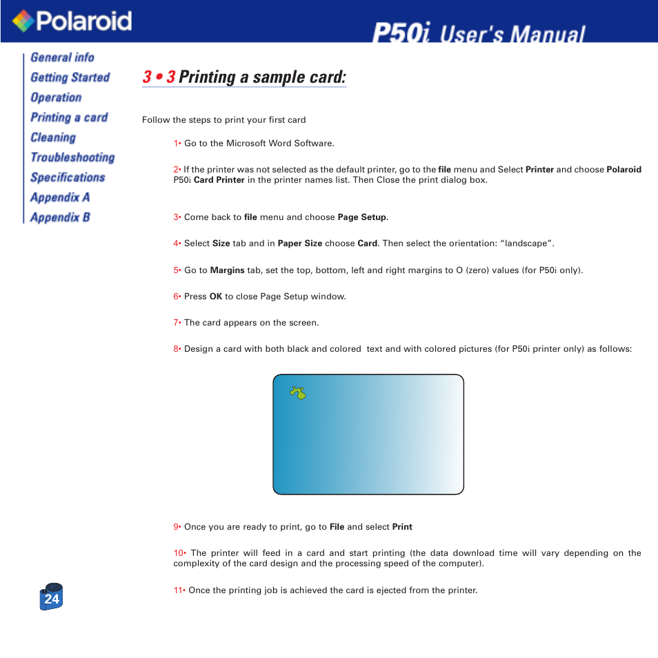 3 • 3 printing a sample card | Polaroid Printer P50i User Manual | Page 24 / 42