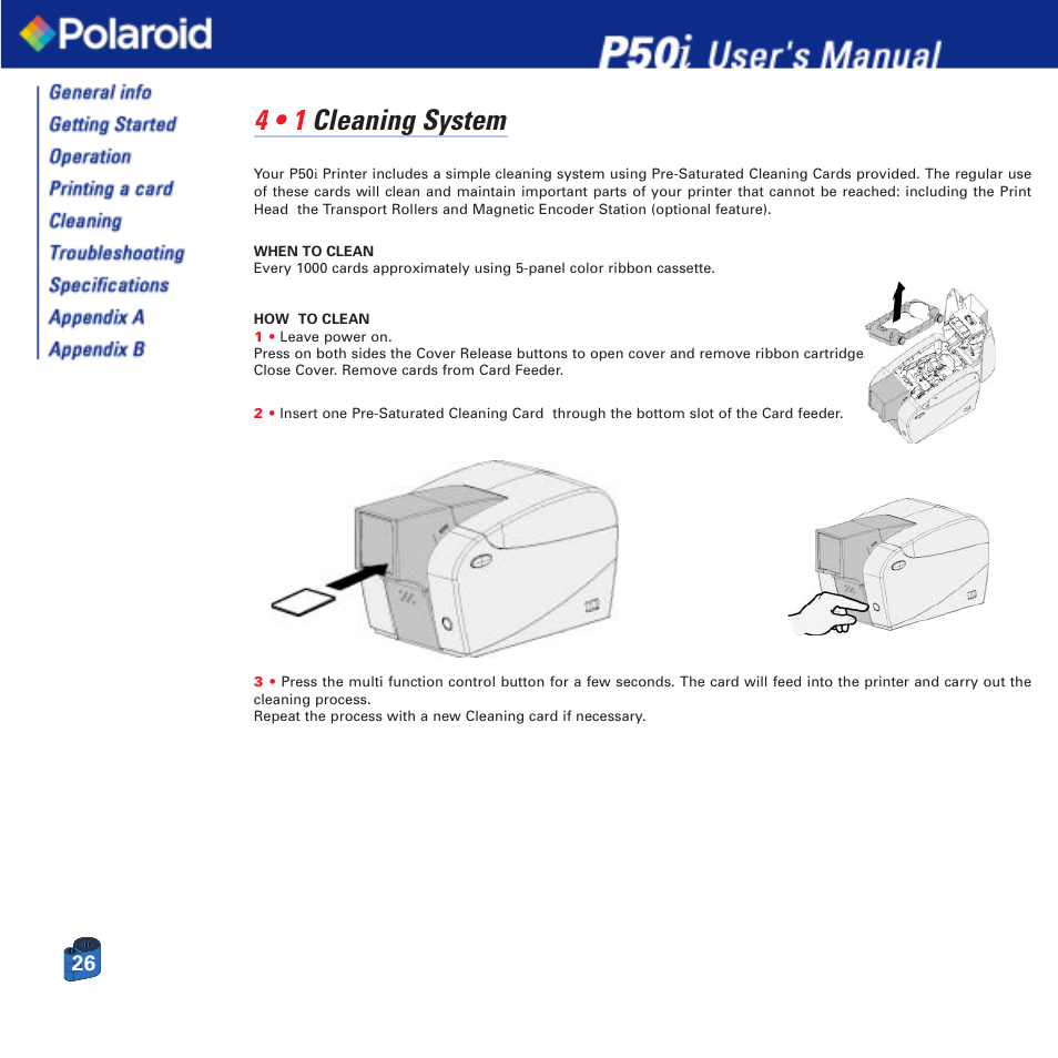 4 • 1 cleaning system | Polaroid Printer P50i User Manual | Page 26 / 42