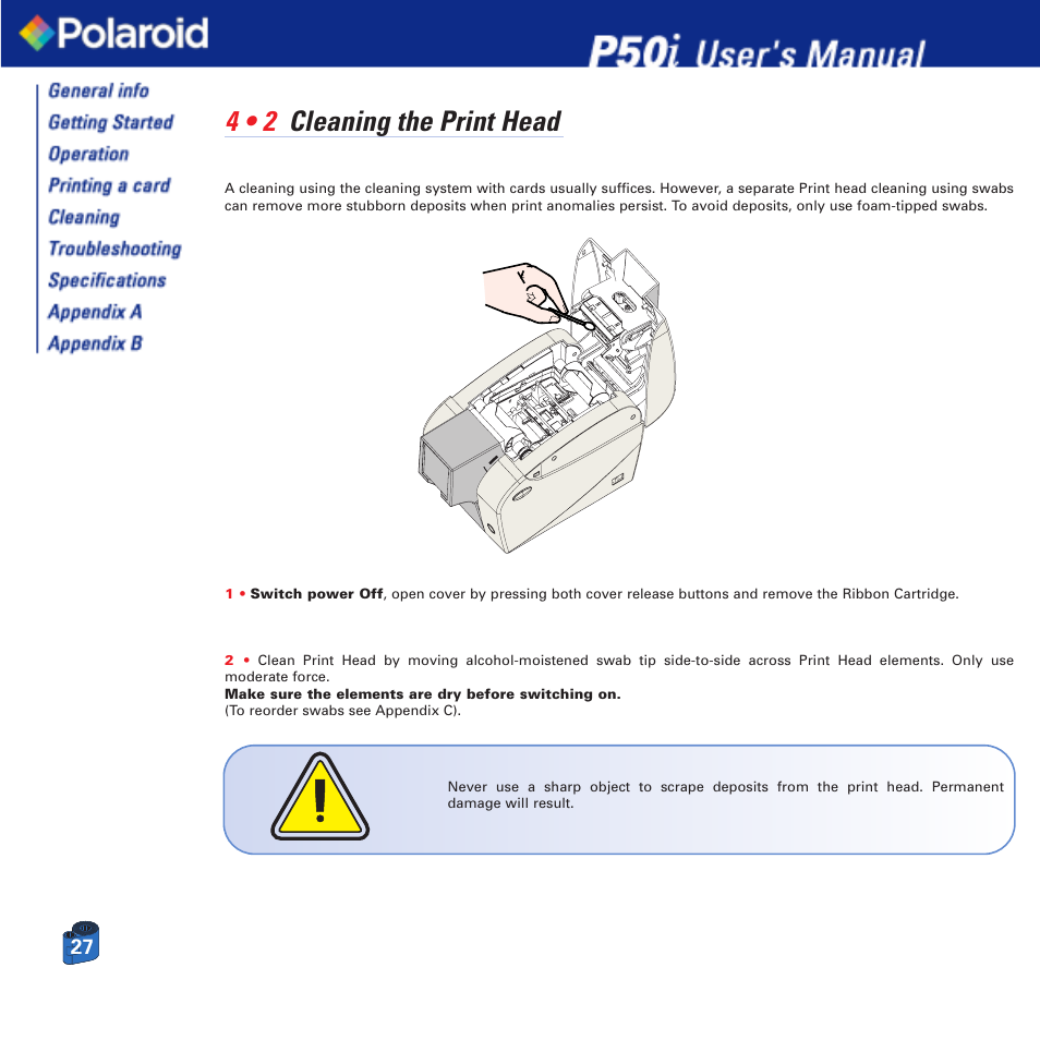 4 • 2 cleaning the print head | Polaroid Printer P50i User Manual | Page 27 / 42