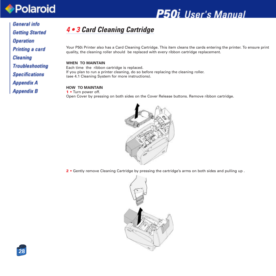 4 • 3 card cleaning cartridge | Polaroid Printer P50i User Manual | Page 28 / 42