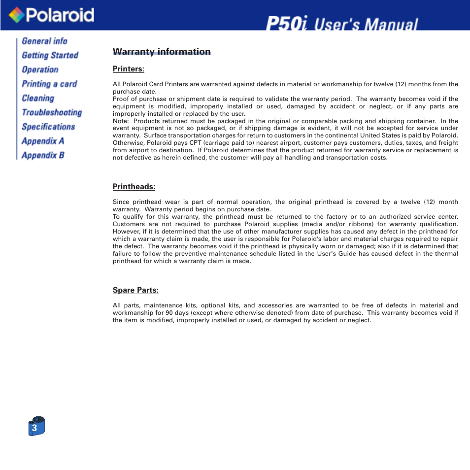 3warranty information | Polaroid Printer P50i User Manual | Page 3 / 42