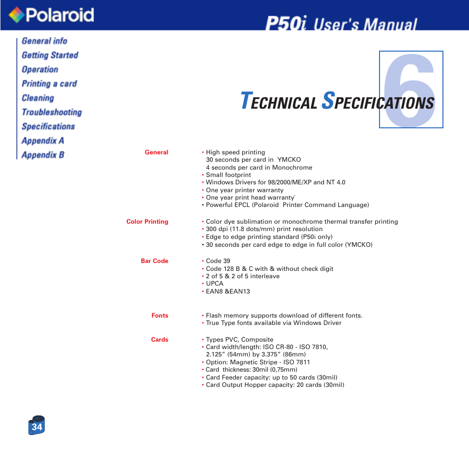 Echnical, Pecifications | Polaroid Printer P50i User Manual | Page 34 / 42