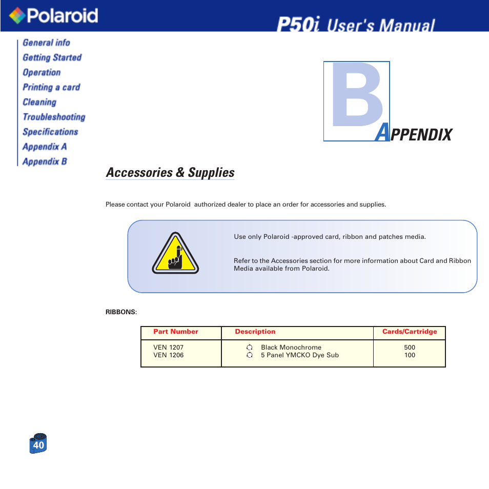 Ppendix | Polaroid Printer P50i User Manual | Page 40 / 42