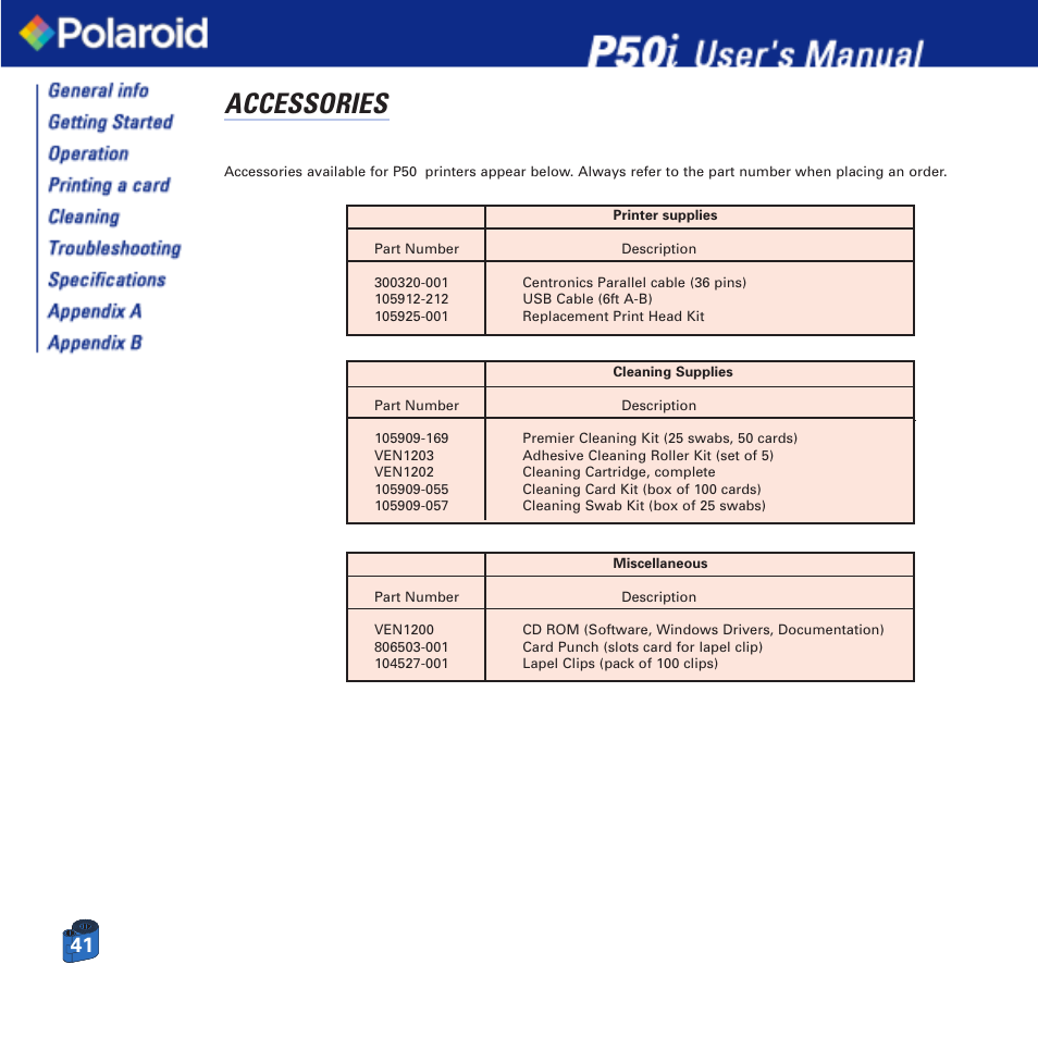 Accessories | Polaroid Printer P50i User Manual | Page 41 / 42