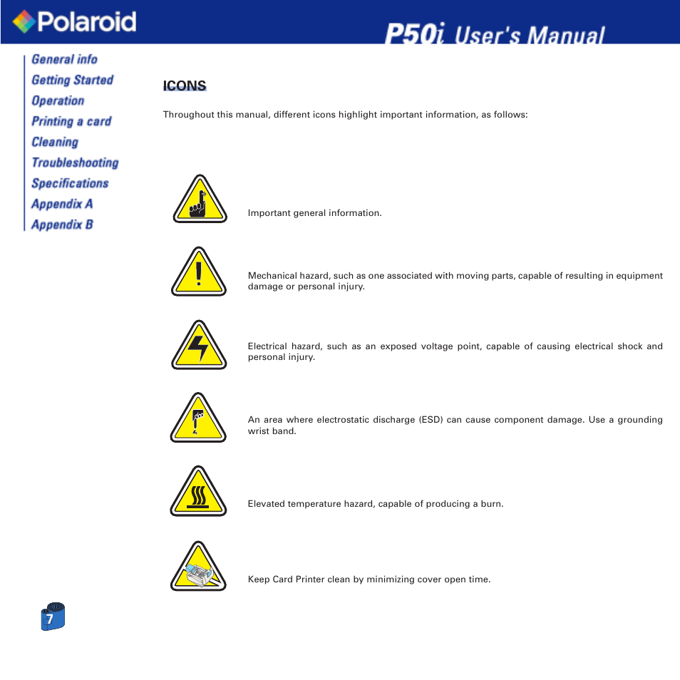 7icons | Polaroid Printer P50i User Manual | Page 7 / 42