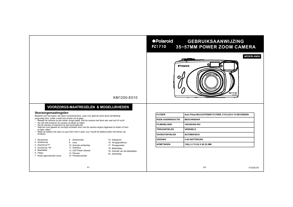 Gebruiksaanwijzing 35~57mm power zoom camera, Voorzorgs-maatregelen & mogelijkheden | Polaroid KM1200-E010 User Manual | Page 16 / 18