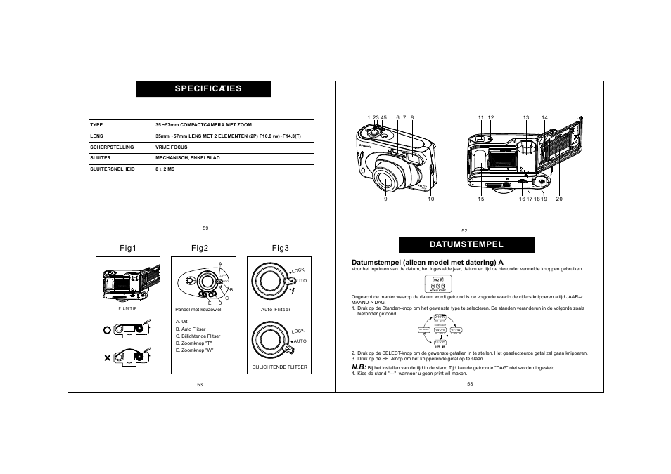 Fig2 fig3 fig1, Datumstempel specifica ties, Datumstempel (alleen model met datering) a | Polaroid KM1200-E010 User Manual | Page 17 / 18