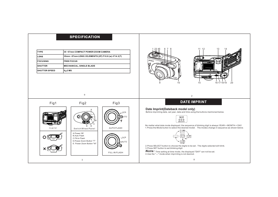 Date imprint, Fig2 fig3, Fig1 specification specification | Date imprint(dateback model only) | Polaroid KM1200-E010 User Manual | Page 2 / 18