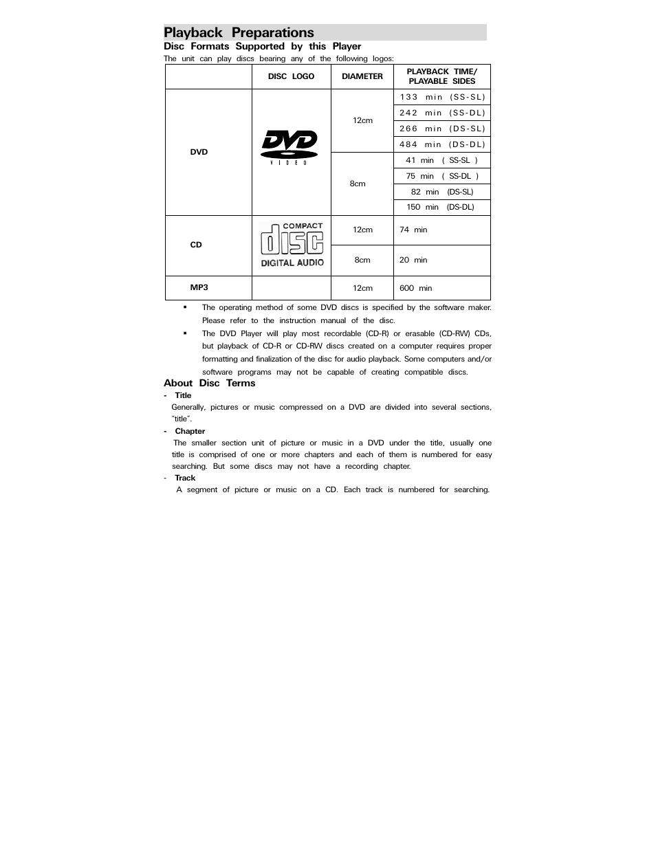 Playback preparations | Polaroid PDV-0744M User Manual | Page 12 / 29