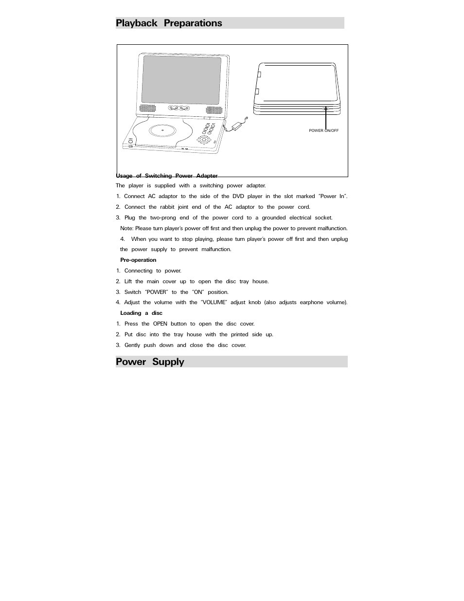 Playback preparations, Power supply | Polaroid PDV-0744M User Manual | Page 13 / 29