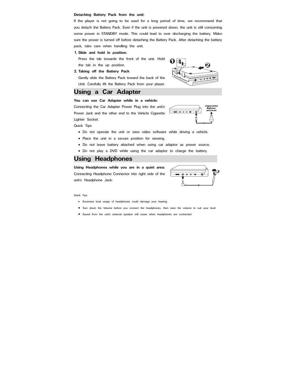 Using a car adapter, Using headphones | Polaroid PDV-0744M User Manual | Page 15 / 29