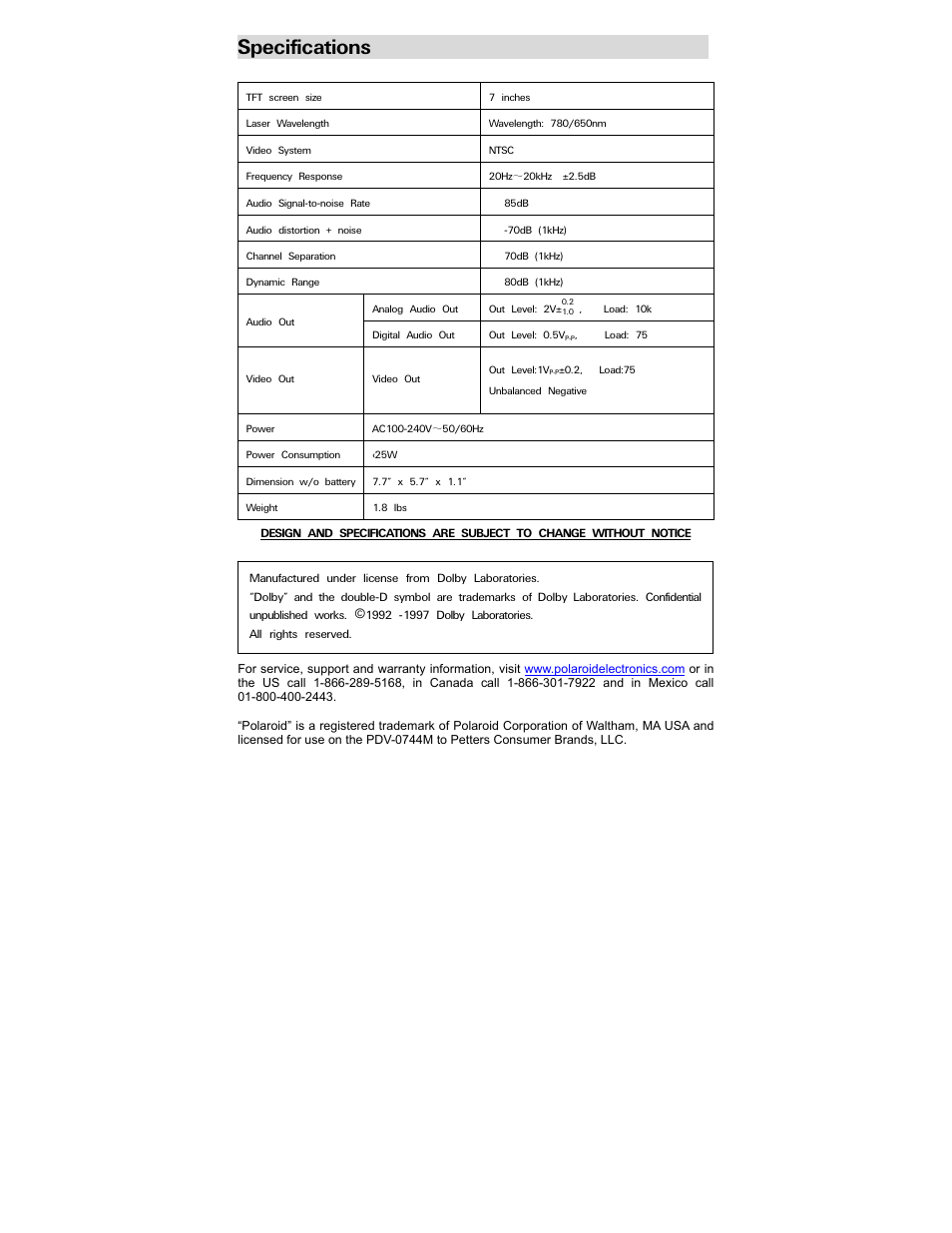 Specifications | Polaroid PDV-0744M User Manual | Page 29 / 29