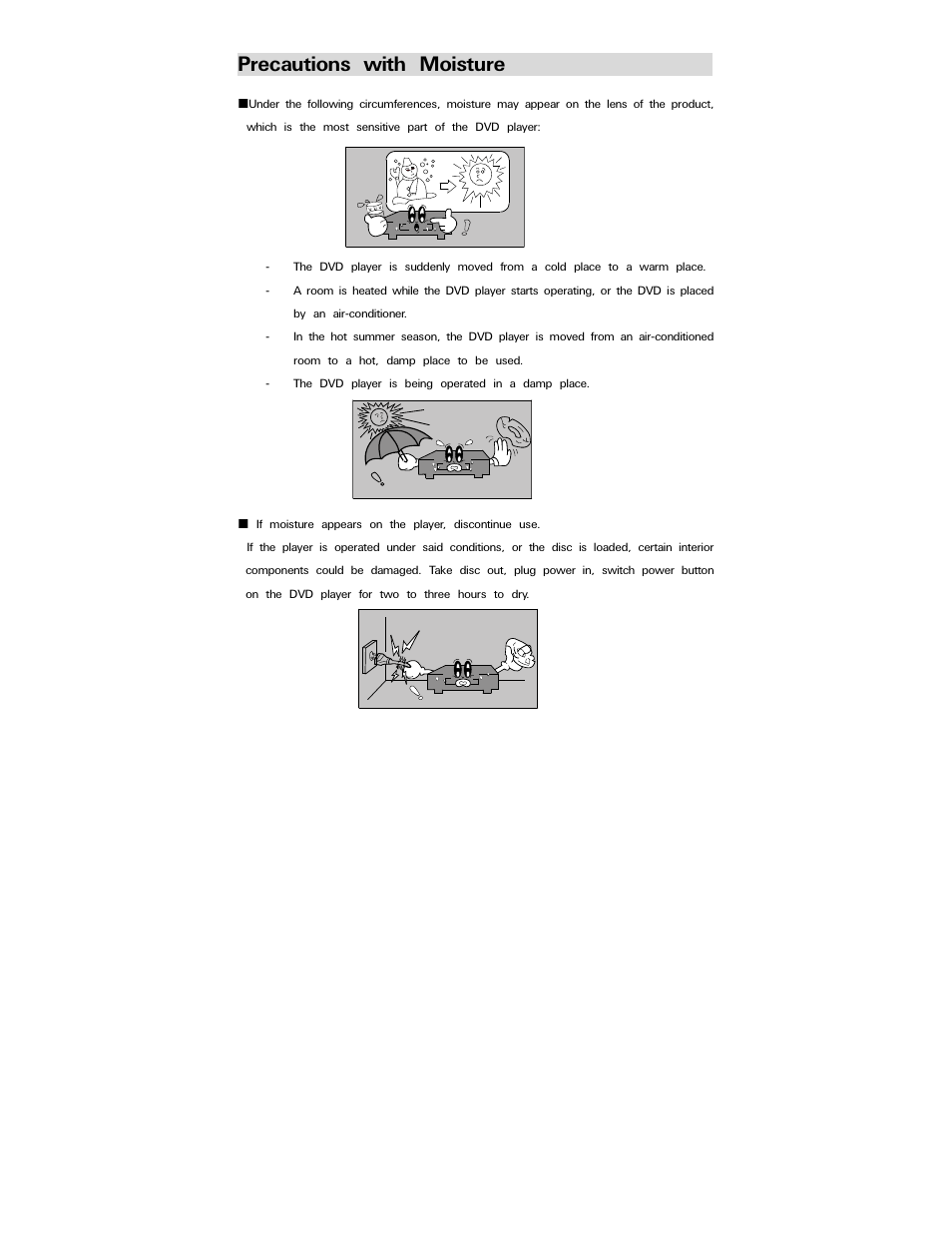 Precautions with moisture | Polaroid PDV-0744M User Manual | Page 5 / 29