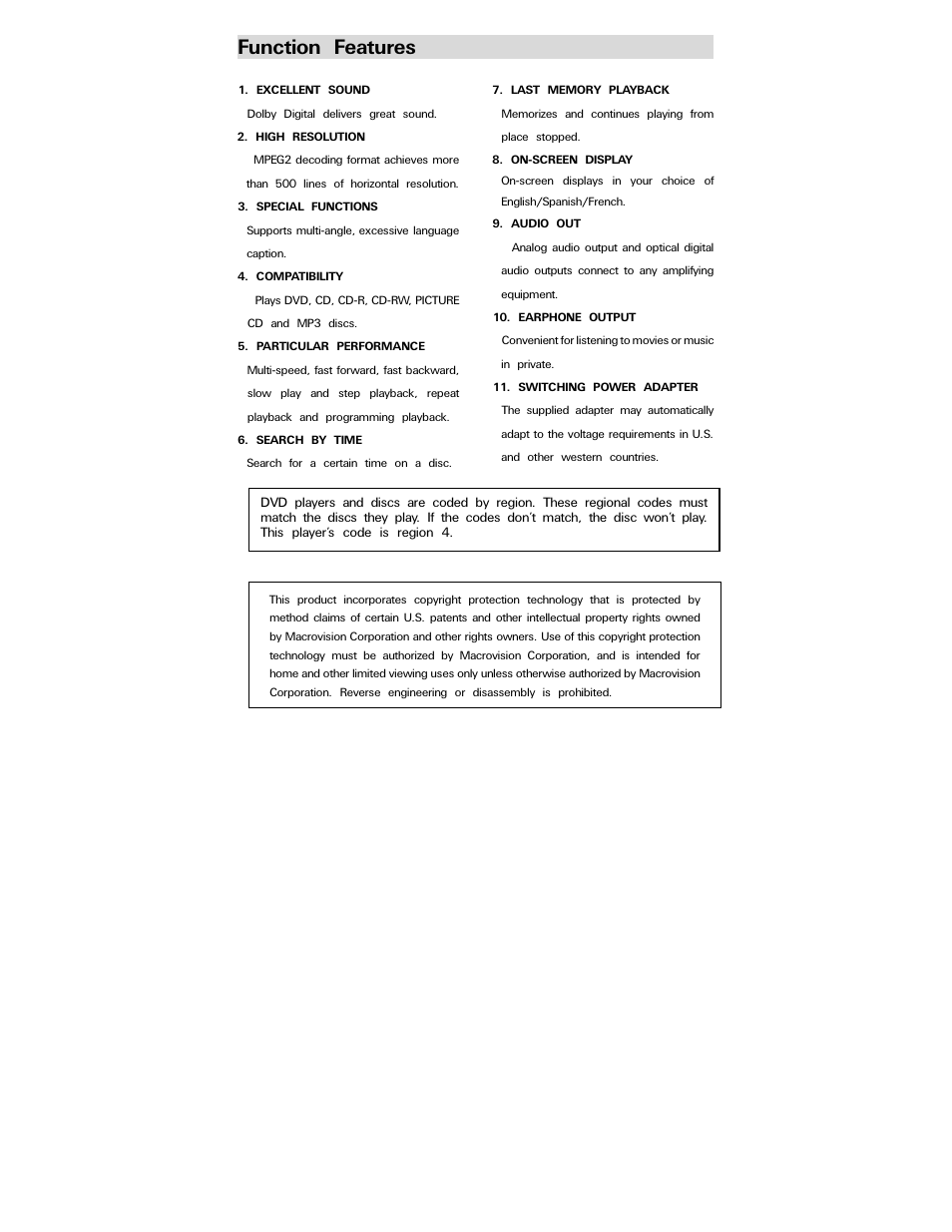 Function features | Polaroid PDV-0744M User Manual | Page 6 / 29