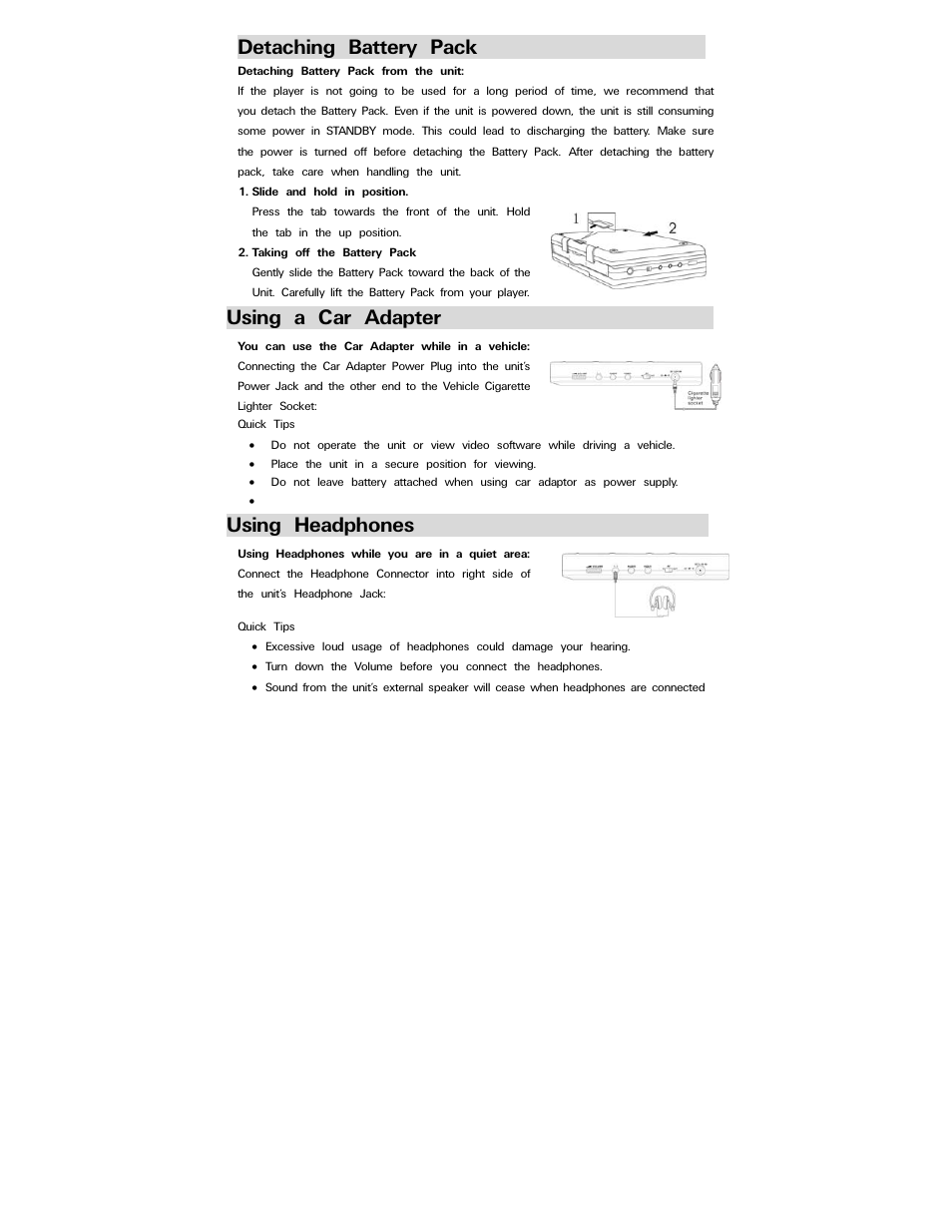 Detaching battery pack, Using a car adapter, Using headphones | Polaroid PDV-077PT User Manual | Page 16 / 28