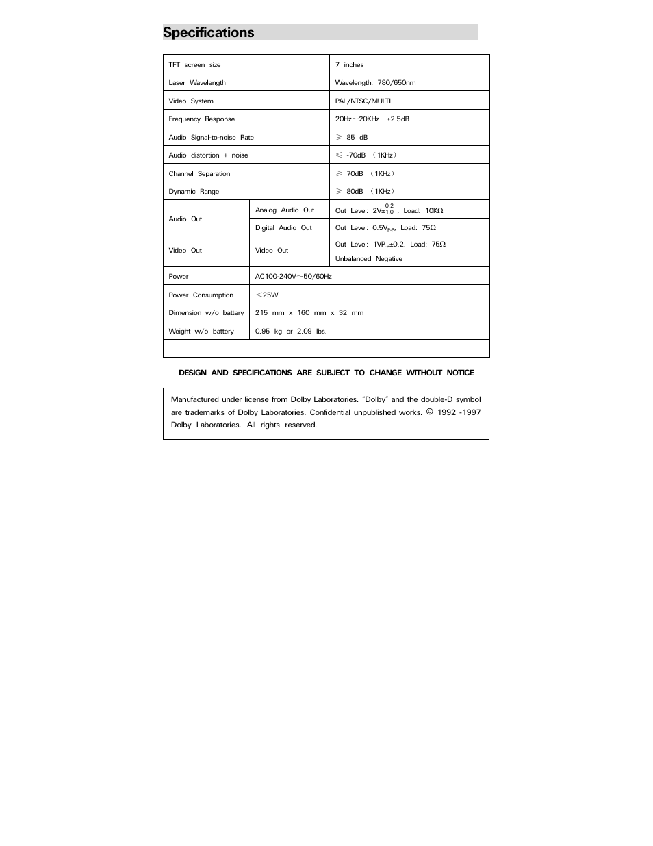 Specifications | Polaroid PDV-077PT User Manual | Page 28 / 28