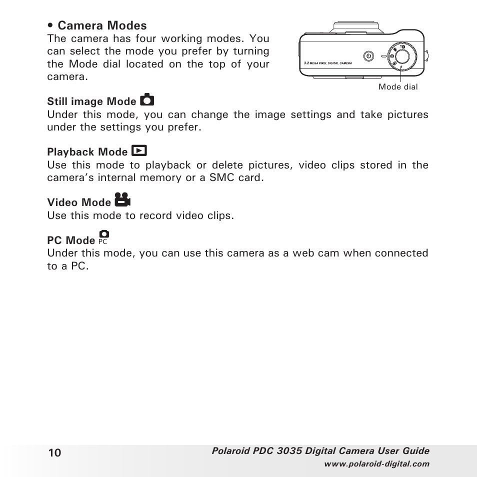 Camera modes | Polaroid PDC 3035 User Manual | Page 10 / 49