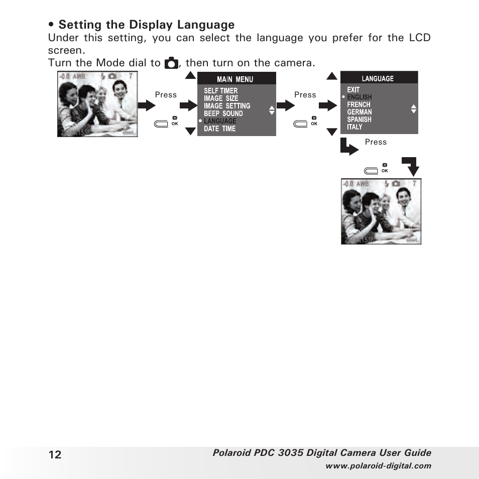 Setting the display language | Polaroid PDC 3035 User Manual | Page 12 / 49