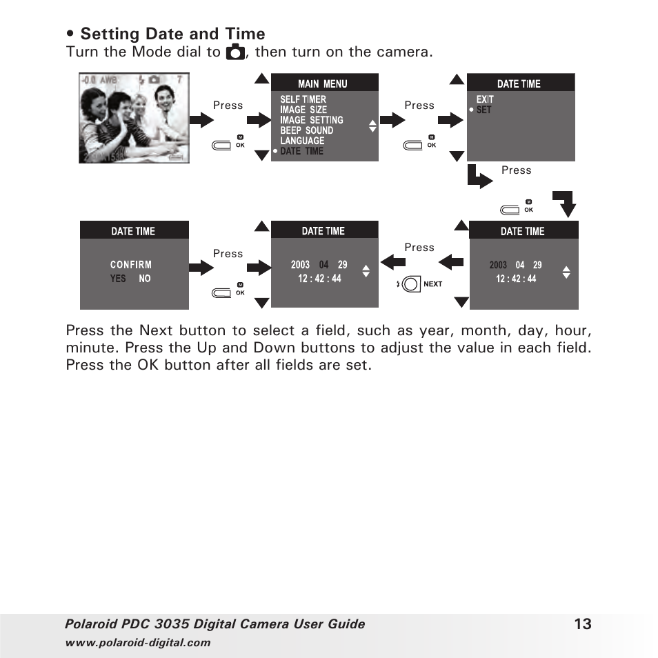 Setting date and time | Polaroid PDC 3035 User Manual | Page 13 / 49