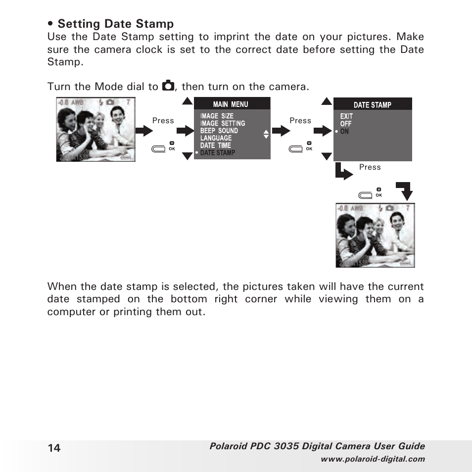 Setting date stamp | Polaroid PDC 3035 User Manual | Page 14 / 49