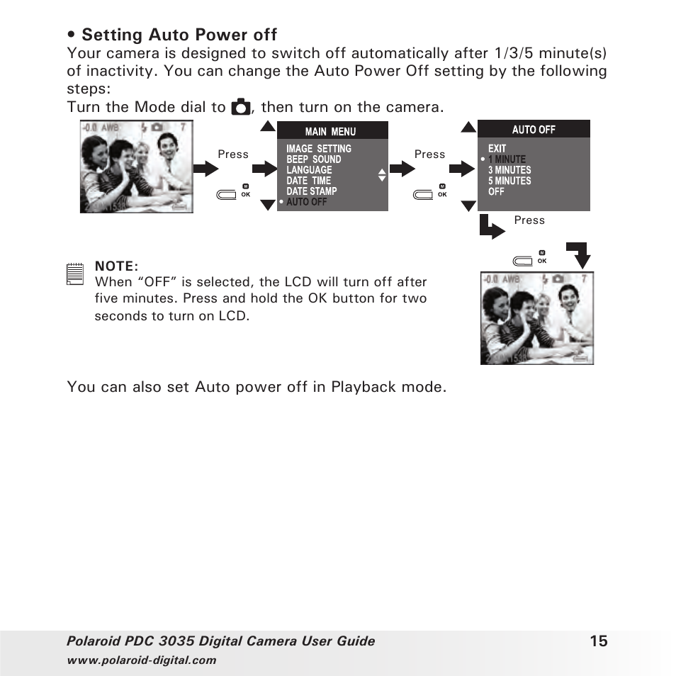 Setting auto power off | Polaroid PDC 3035 User Manual | Page 15 / 49