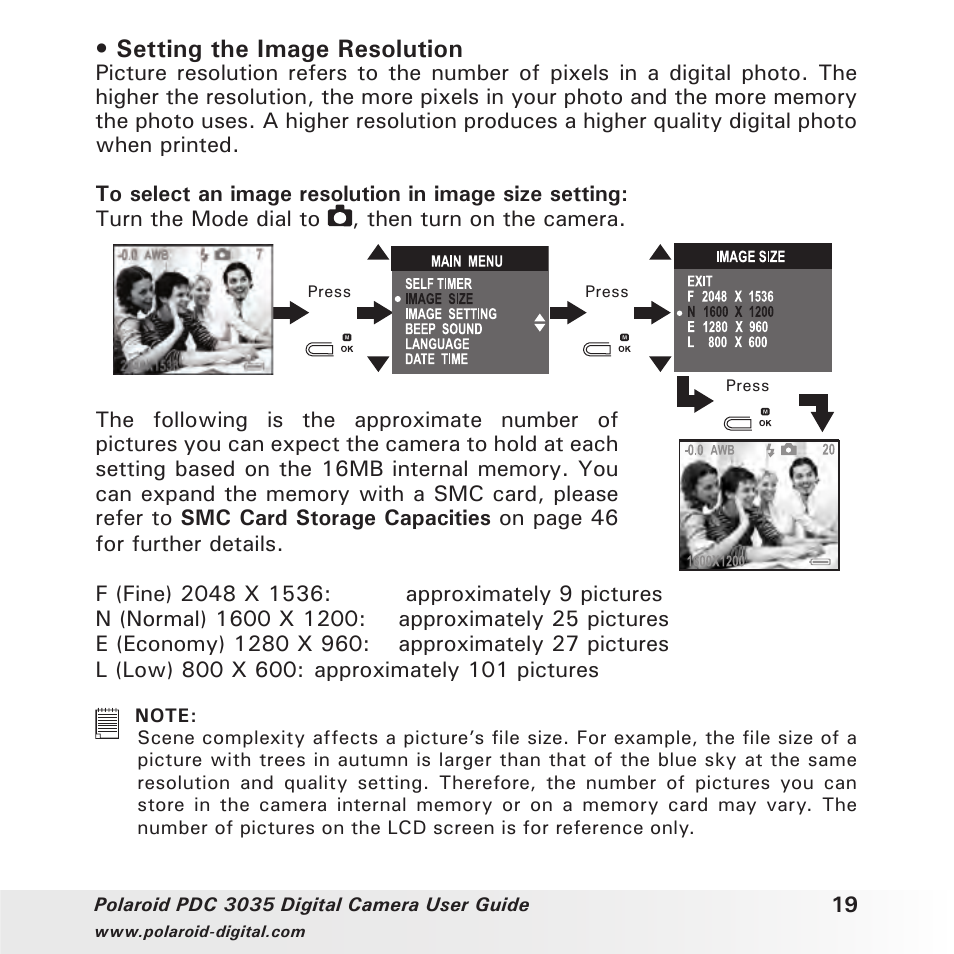 Setting the image resolution | Polaroid PDC 3035 User Manual | Page 19 / 49