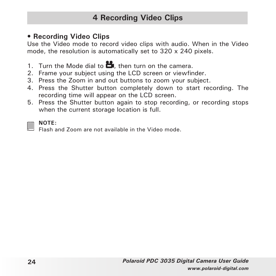 4 recording video clips, Recording video clips | Polaroid PDC 3035 User Manual | Page 24 / 49