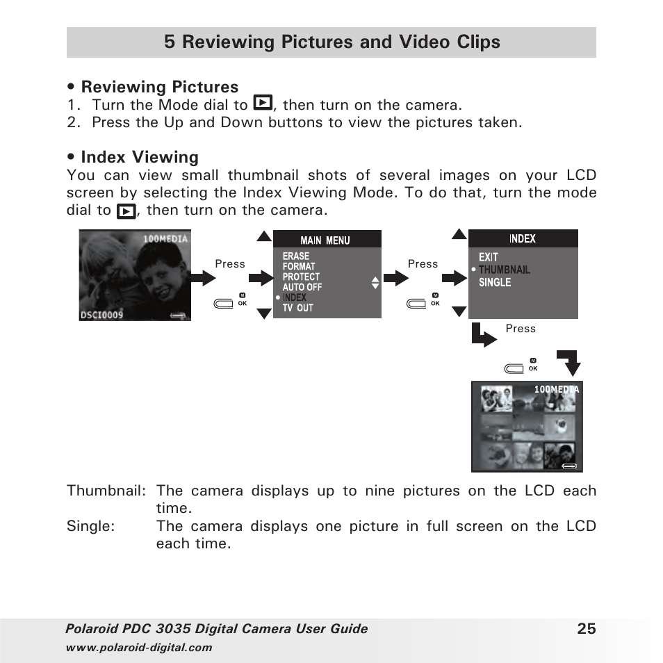 5 reviewing pictures and video clips, Reviewing pictures, Index viewing | Polaroid PDC 3035 User Manual | Page 25 / 49