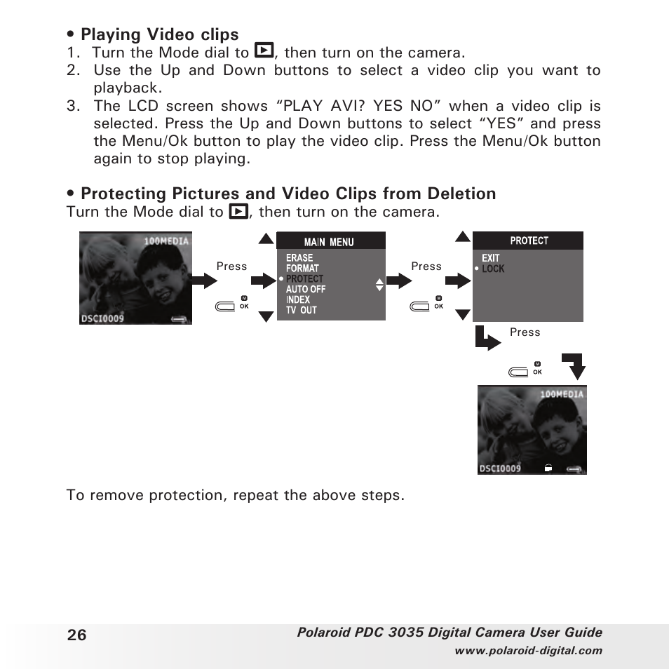 Playing video clips, Protecting pictures and video clips from deletion | Polaroid PDC 3035 User Manual | Page 26 / 49