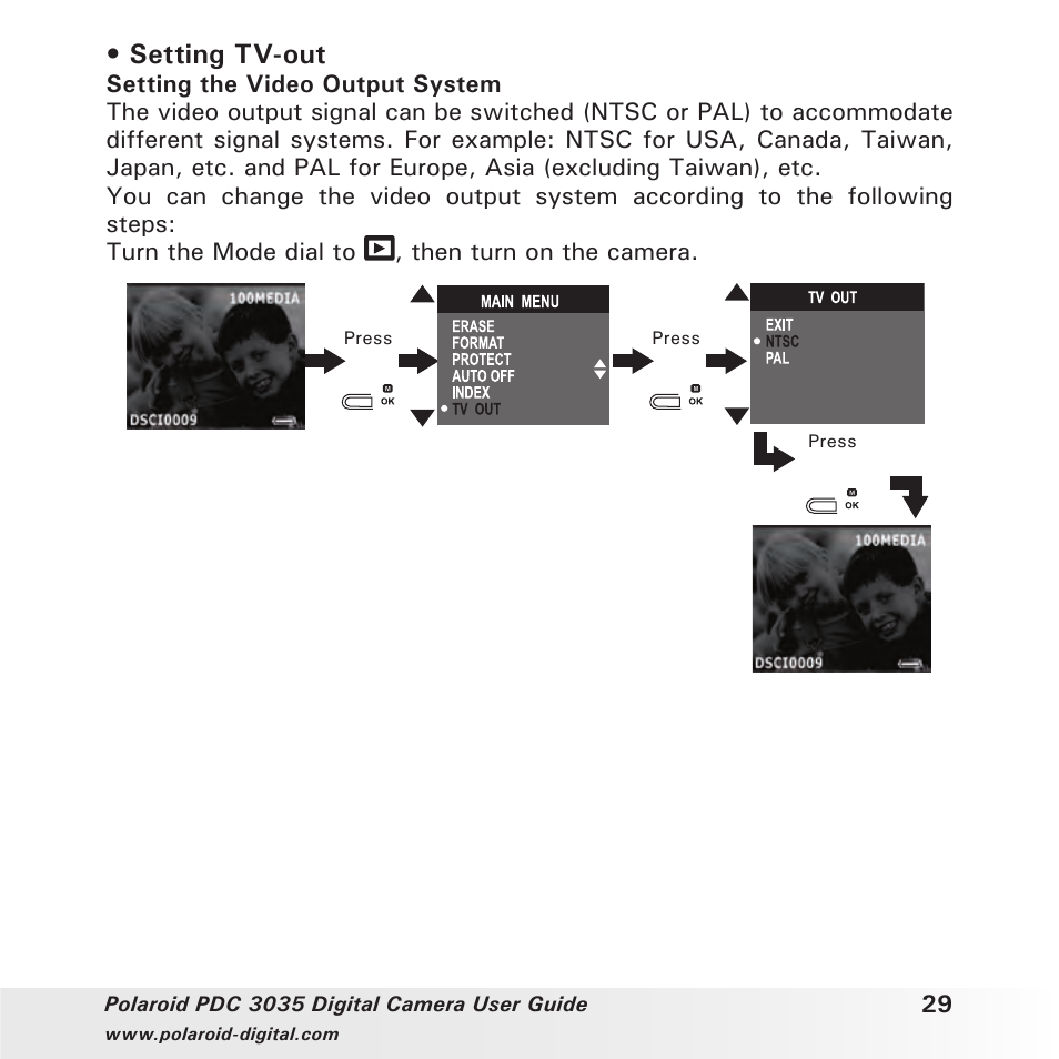 Setting tv-out | Polaroid PDC 3035 User Manual | Page 29 / 49